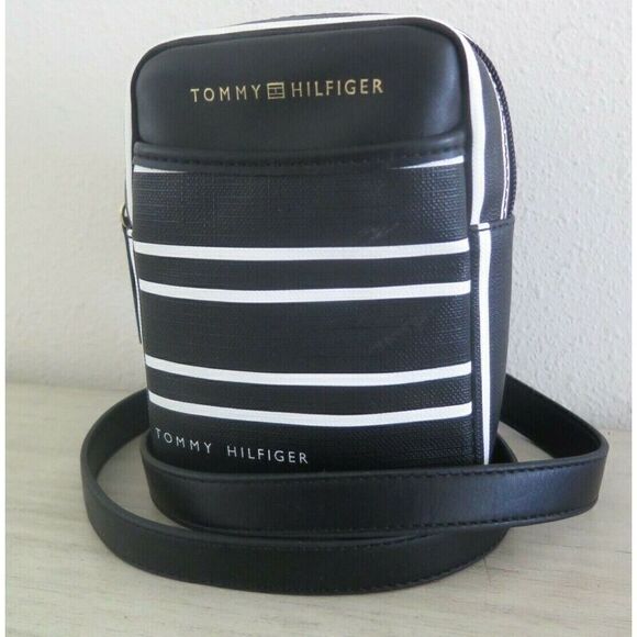 Tommy Hilfiger 69J4451 001 Black/White Striped PU Leather Small Crossbody Bag - Picture 1 of 8